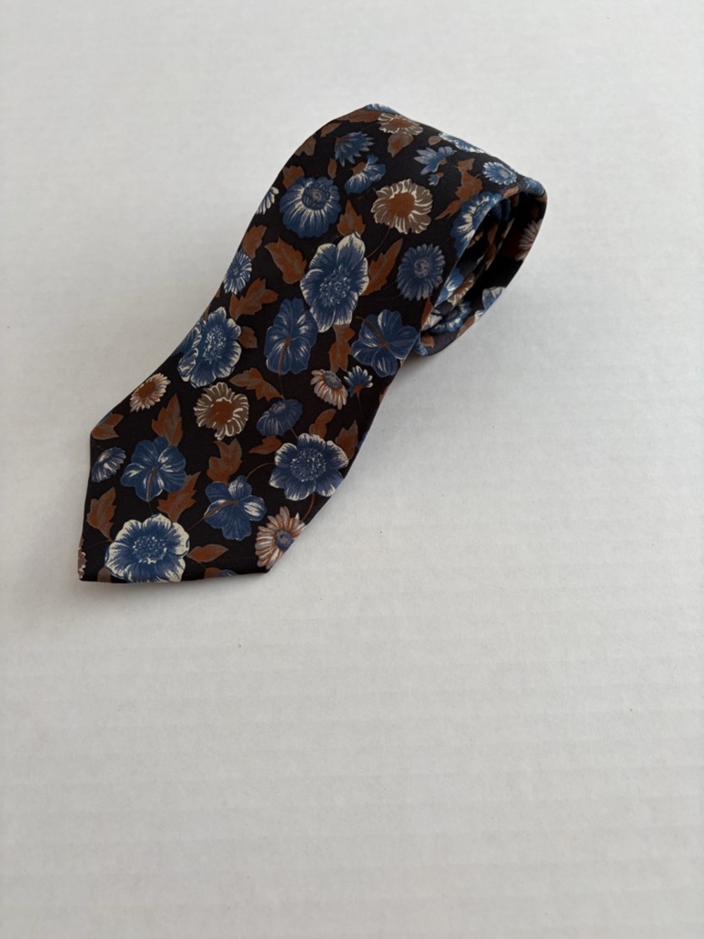 Vintage Floral Silk Tie Made USA Blue Brown Italian Silk Necktie